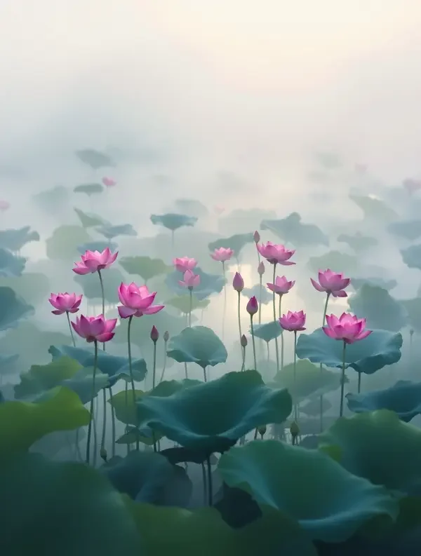 晨雾荷塘
